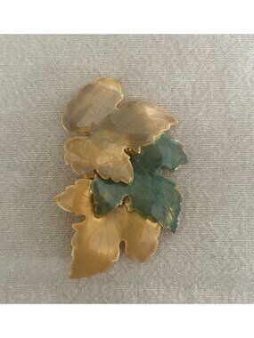 Vintage Gold Green Enamel Leaf Brooch Pin Tri Color Nature Inspired Autumn